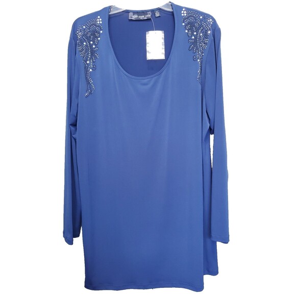 Susan Graver LiquidKnit Blue Studded Shoulder Scoop Neck Tunic Size 1X NWOT - Picture 1 of 9